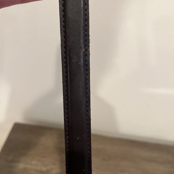 90's Chic Shiny Silver Abstract Hook Buckle Skinny Black Belt Size 16 Adjust - Picture 7 of 11